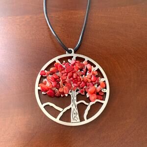 Tree of Life Pendant with Red Gemstone Chips on Black Cord